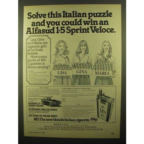 1980 MS Cigarettes Ad - Win Alfasud 1.5 Sprint Veloce