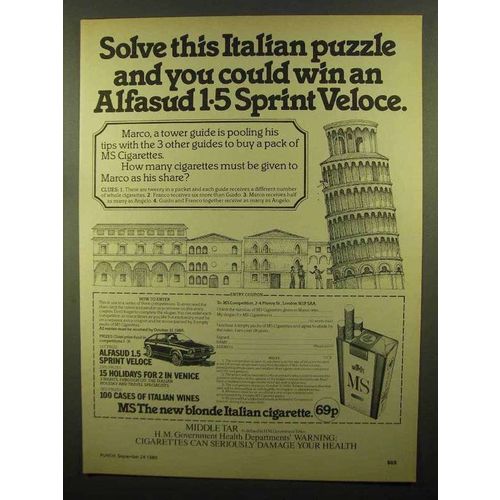 1980 MS Cigarettes Ad - Solve Puzzle Alfasud 1.5 Sprint Veloce