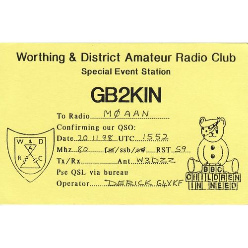 Amateur Radio QSL Card GB2KIN Worthing Club Children in Need 1998 Pudsey Bear
