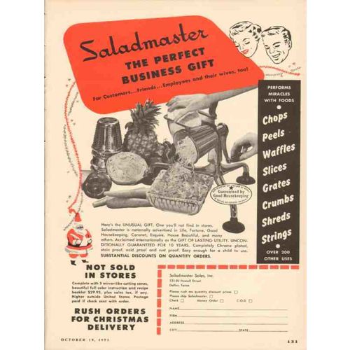 SALADMASTER SALES 1953 perfect business gift chops peels vintage ad