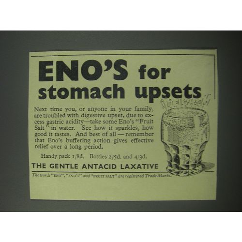 1954 Eno Antacid Laxative Ad - Eno's for stomach upsets