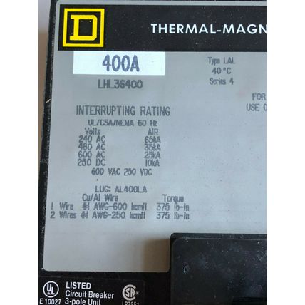 NEW OLD SQUARE D LHL36400 THERMAL-MAGNETIC CIRCUIT BREAKER 600V 400A ,TN