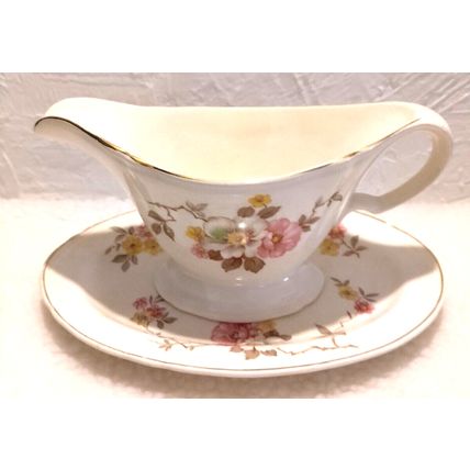 Edwin M Knowles Blossom Time Vtg 1940's Serving Gravy Boat & Dish - Chip Flaw