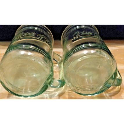 2 Vtg COCA COLA Green Indiana Glass Mugs Coke Logo Heavy Embossed Handled 5 1/2"