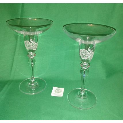 PAIR OF CLEAR GLASS CHAMPAGNE COUPE STYLE CANDLEHOLDERS w WHITE FLOWER DESIGN