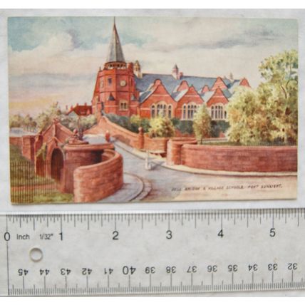 pre 1918 postcard Port Sunlight, Dell Bridge & Village School