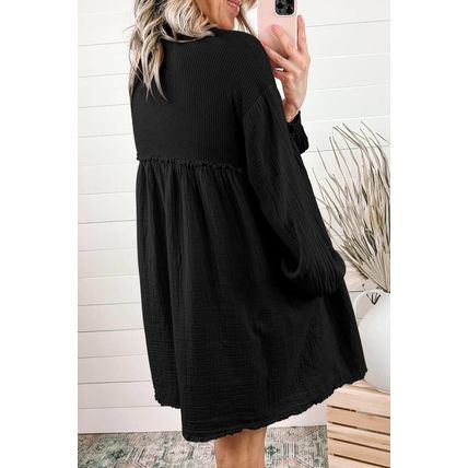 Black Patchwork Crinkle Puff Sleeve Shirt Dress