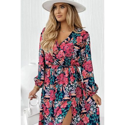 Red V Neck Elastic High Waist Split Floral Dress