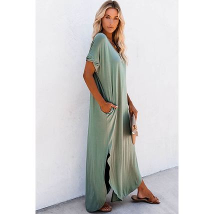 Grass Green V Neck Hidden Pocket Splits Maxi T-shirt Dress