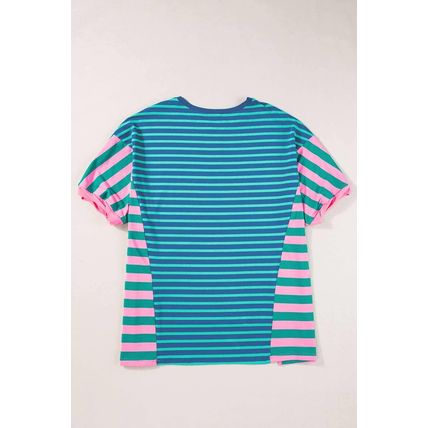 Blue Stripe Colorblock Patchwork Baggy T Shirt