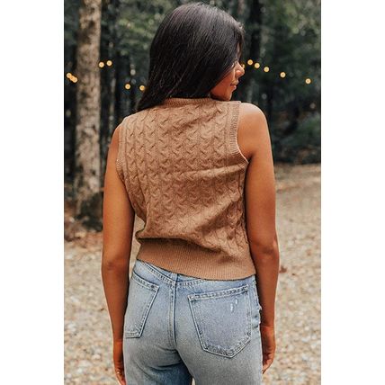 Light French Beige Solid Color Cable Knit High Neck Tank Top
