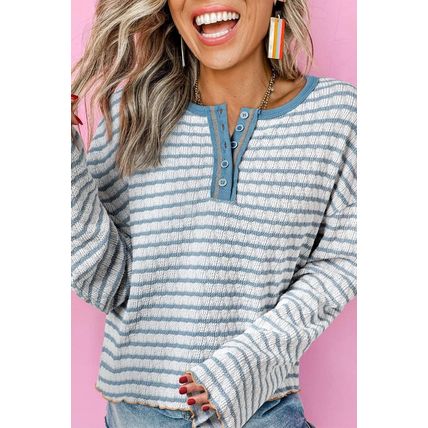 Sky Blue Stripe Textured Frilly Trim Buttons Henley Long Sleeve Top