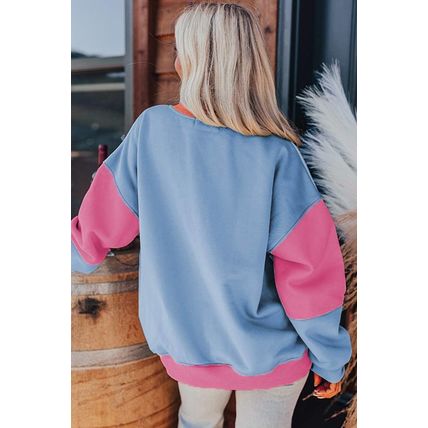 Bright Pink Colorblock Patchwork Drop Shoulder Sweatshirt