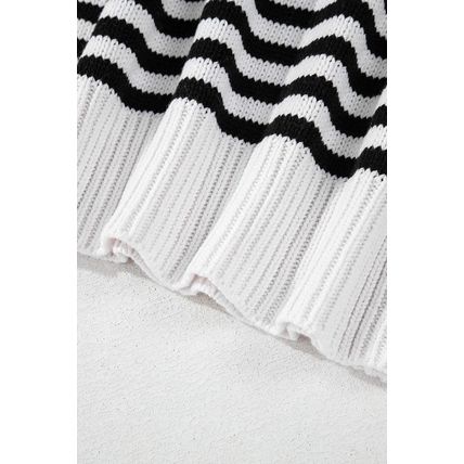 Black white Striped Drop Shoulder Bishop Sleeve Knit Sweater