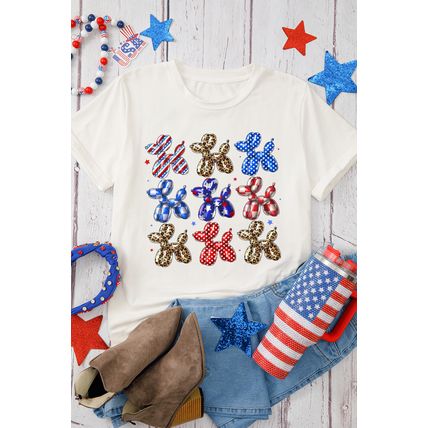 White American Flag Balloon Dog Print Crew Neck T Shirt