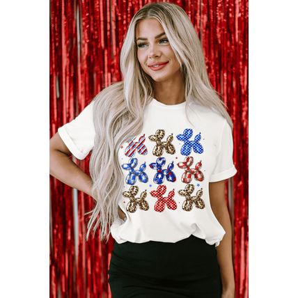 White American Flag Balloon Dog Print Crew Neck T Shirt