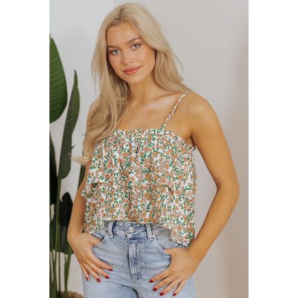 White Boho Floral Spaghetti Strap Ruffle Summer Tank Top