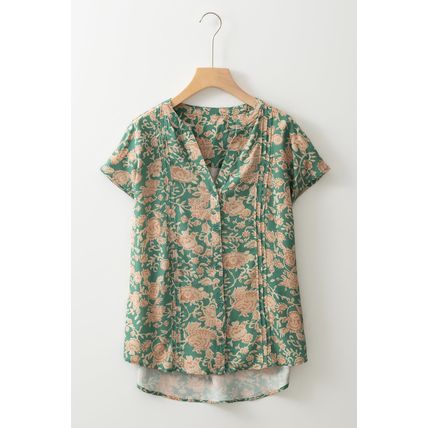 Green Floral Print Pleated Buttoned V Neck Short Sleeve Blouse