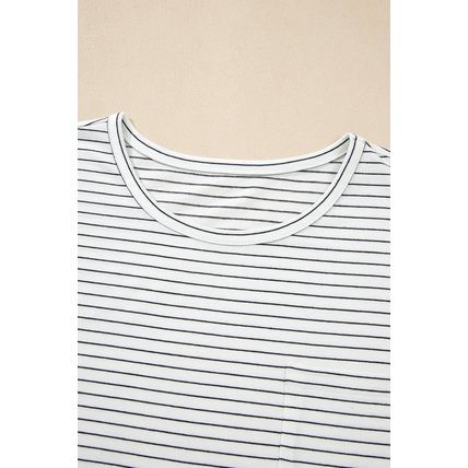 White Stripe Cap Sleeve Crew Neck Casual Tee with Chest Pocket