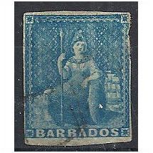 Barbados 1855 SG9 (1d) Pale Blue 3+ Margins Good+ Used .