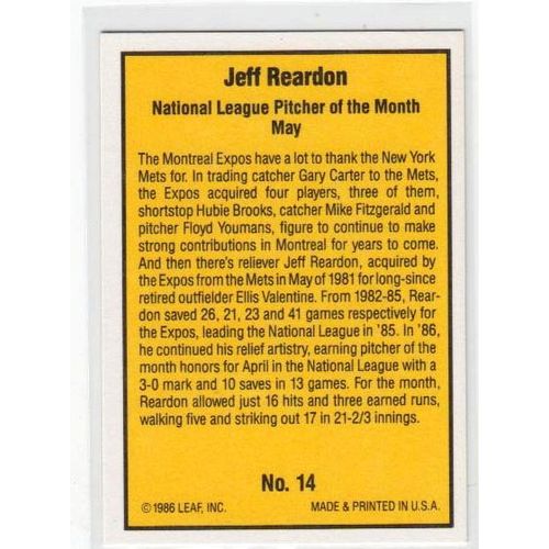 1986 Donruss Highlights Jeff Reardon baseball card #14 – Expos