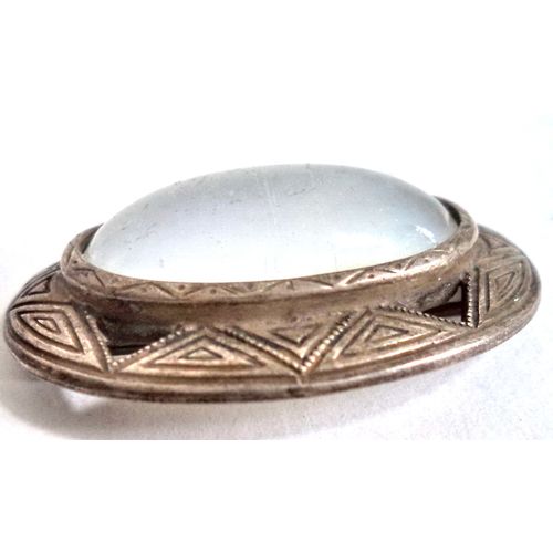 Antique Art Deco Sterling Silver Brooch Pin Engraved White Moonstone Oval Brooch