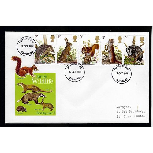 GREAT BRITAIN 1977 BRITISH WILDLIFE 5 VALS FIRST DAY COVER#1