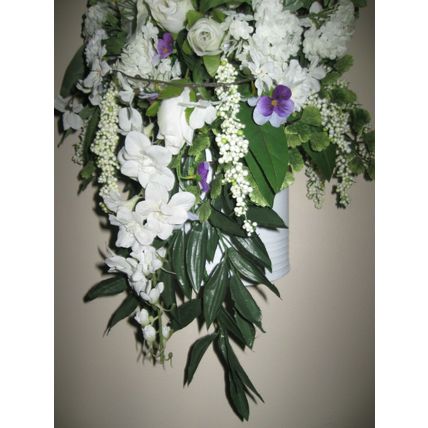 Handmade OOAK Silk Hanging Flower Arrangement, White Flowers, Violets & Greenery