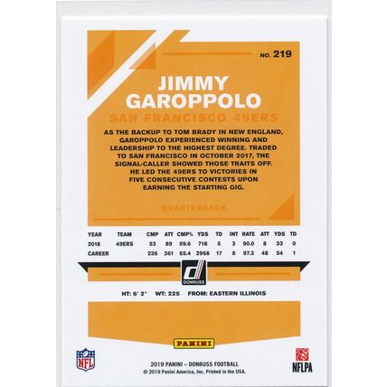 2019 Donruss Football Base 219 Jimmy Garoppolo San Francisco 49ers