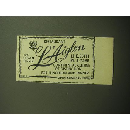 1958 L'aiglon Restaurant Ad - Pre-Theatre Dinner