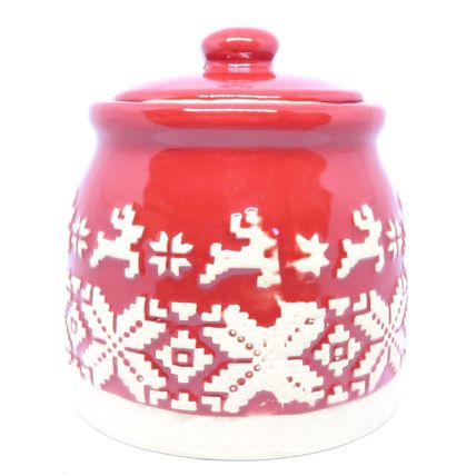 Christmas Sugar Jar Red Knitted Deer Pattern Ceramic 10.5 CM Fun Festive Gift