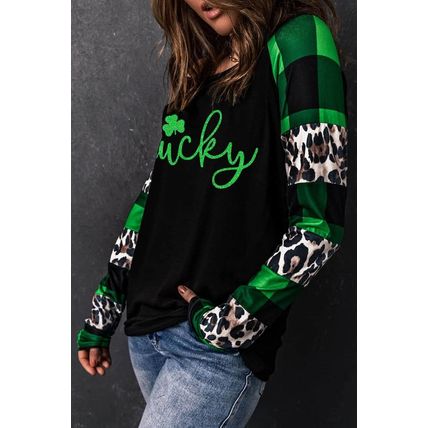 Green Lucky Clover Glitter Pattern Leopard Plaid Splicing Top