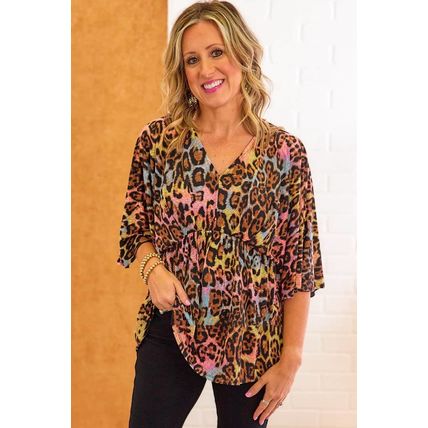 White Leopard Print Wide Sleeve Peplum Hem Blouse