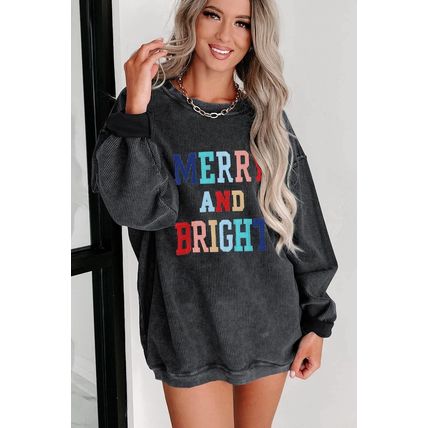 Black MERRY AND BRIGHT Embroidered Corded Sweatshirt