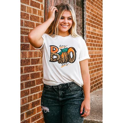 White BOO Pumpkin Leopard Print Crew Neck T Shirt