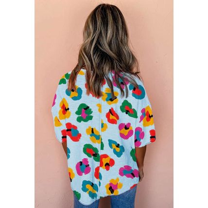 Sky Blue Leopard Drop Shoulder Oversize Tee