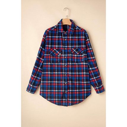 Navy Blue Plaid Flap Pocket Button Up Shacket