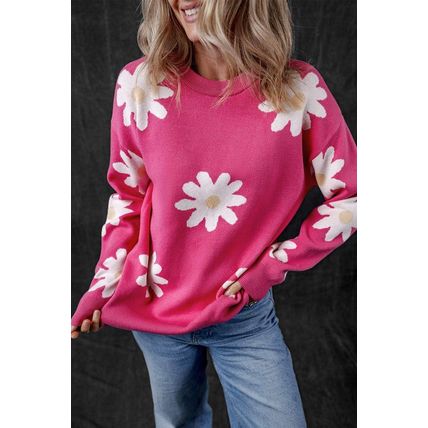 Bright Pink Daisy Flower Crew Neck Long Sleeve Sweater