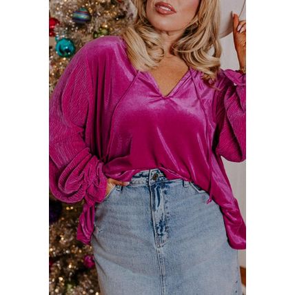 Bright Pink Plus Size Ruffled Sleeve V Neck Velvet Blouse