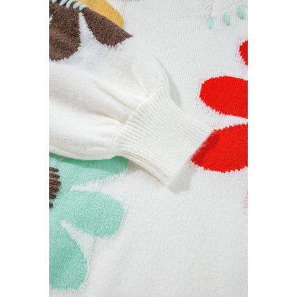White Big Flower Pattern V Neck Drop Shoulder Sweater