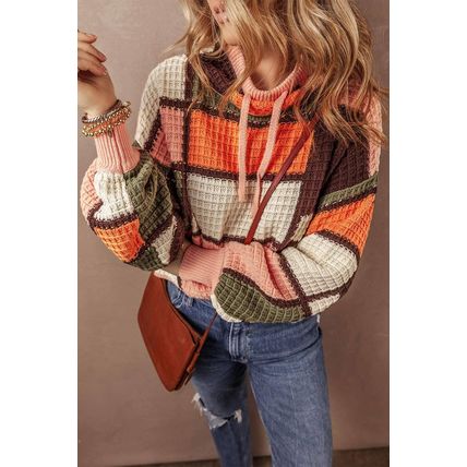Orange Color Block Waffle Knit Drawstring Mock Neck Sweater