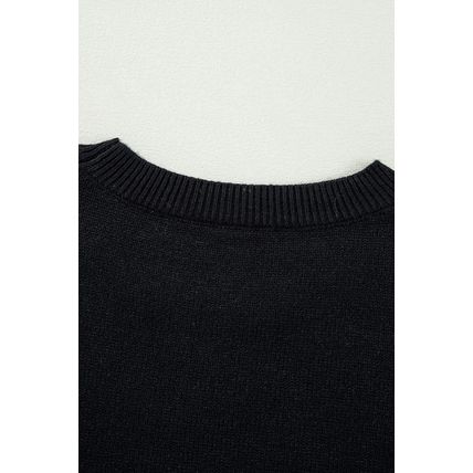 Black Boo Knitted Pattern Ribbed Edge Drop Shoulder Sweater