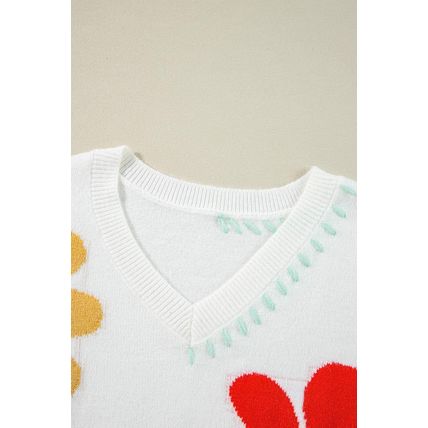 White Big Flower Pattern V Neck Drop Shoulder Sweater