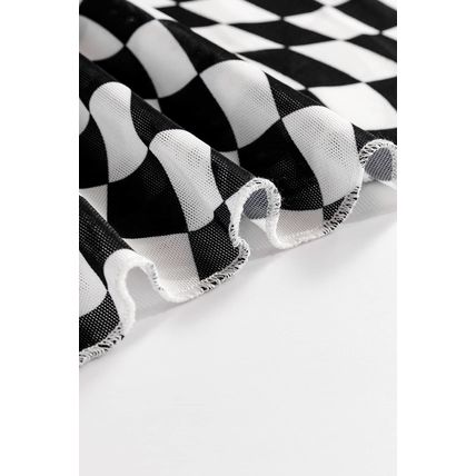 Black Checkered Pattern Mesh Mock Neck Long Sleeve Top