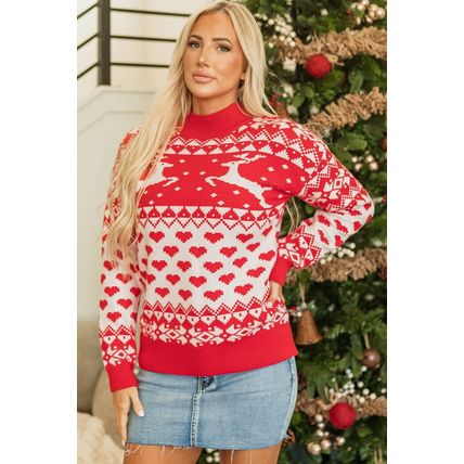 Fiery Red Merry Christmas Reindeer Heart Pattern High Neck Sweater