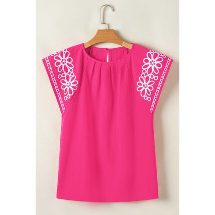 Sachet Pink Floral Embroidered Flutter Sleeve Pleated Neck Blouse