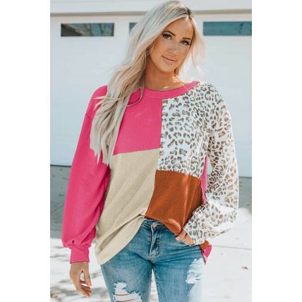 Rose Leopard Patchwork Color Block Ribbed Long Sleeve Top