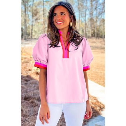 Pink Contrast Striped V Neck Collision Short Puff Sleeve Blouse