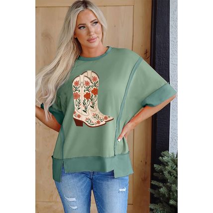 Smoke Green Floral Boots Printed Raw Seam Mix Texture Patchwork Tee
