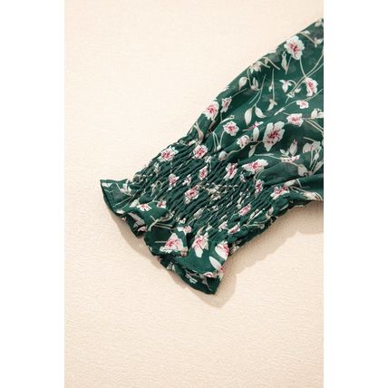 Green Smocked Square Neck Puff Short Sleeve Floral Dress